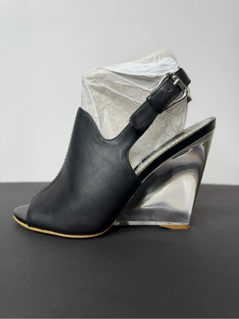 Nine West Black Leather Open-Wedge Slide Sandals with Clear Heel